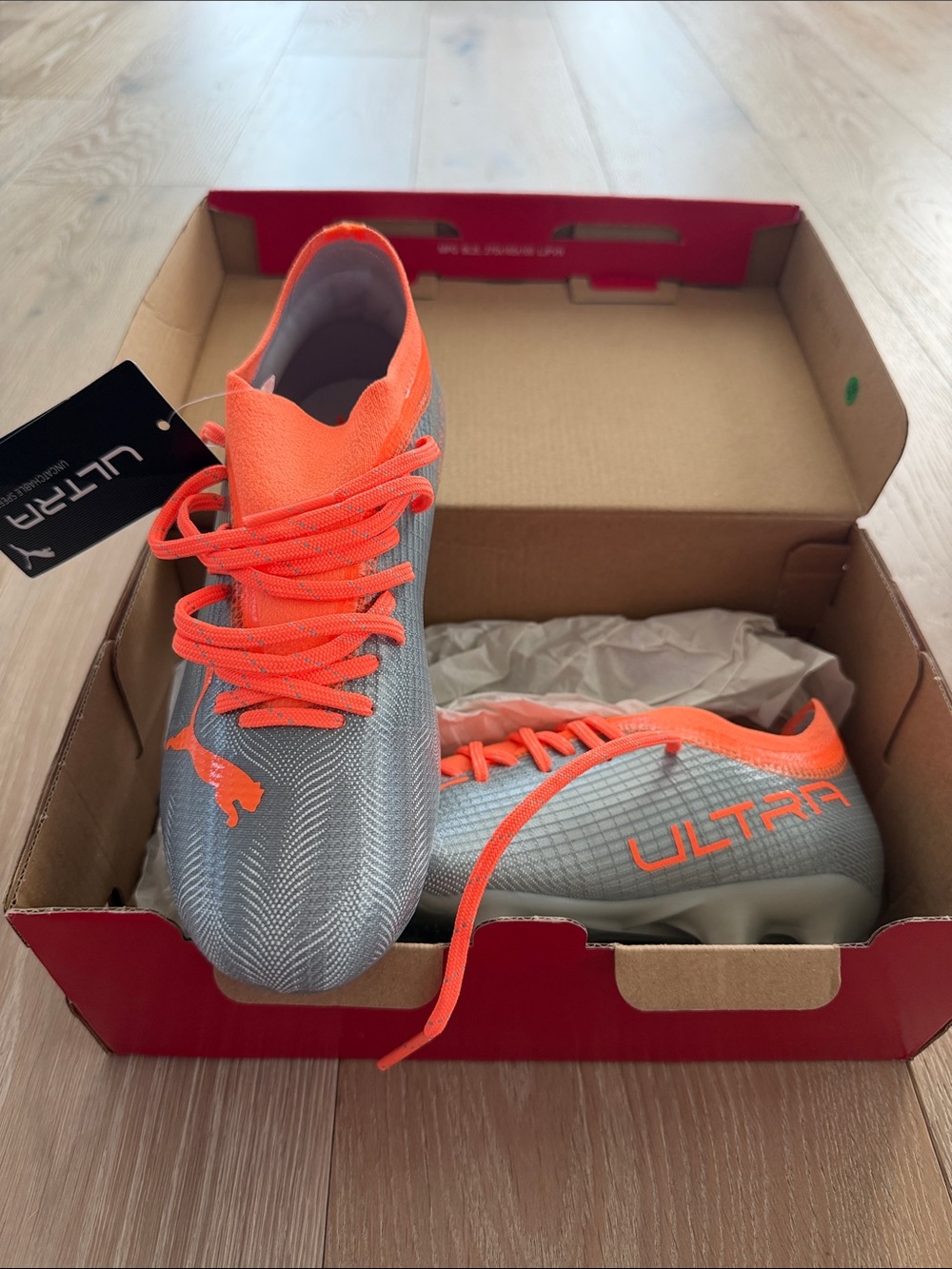 Puma Ultra Soccer Cleats in Silver and Bright Orange